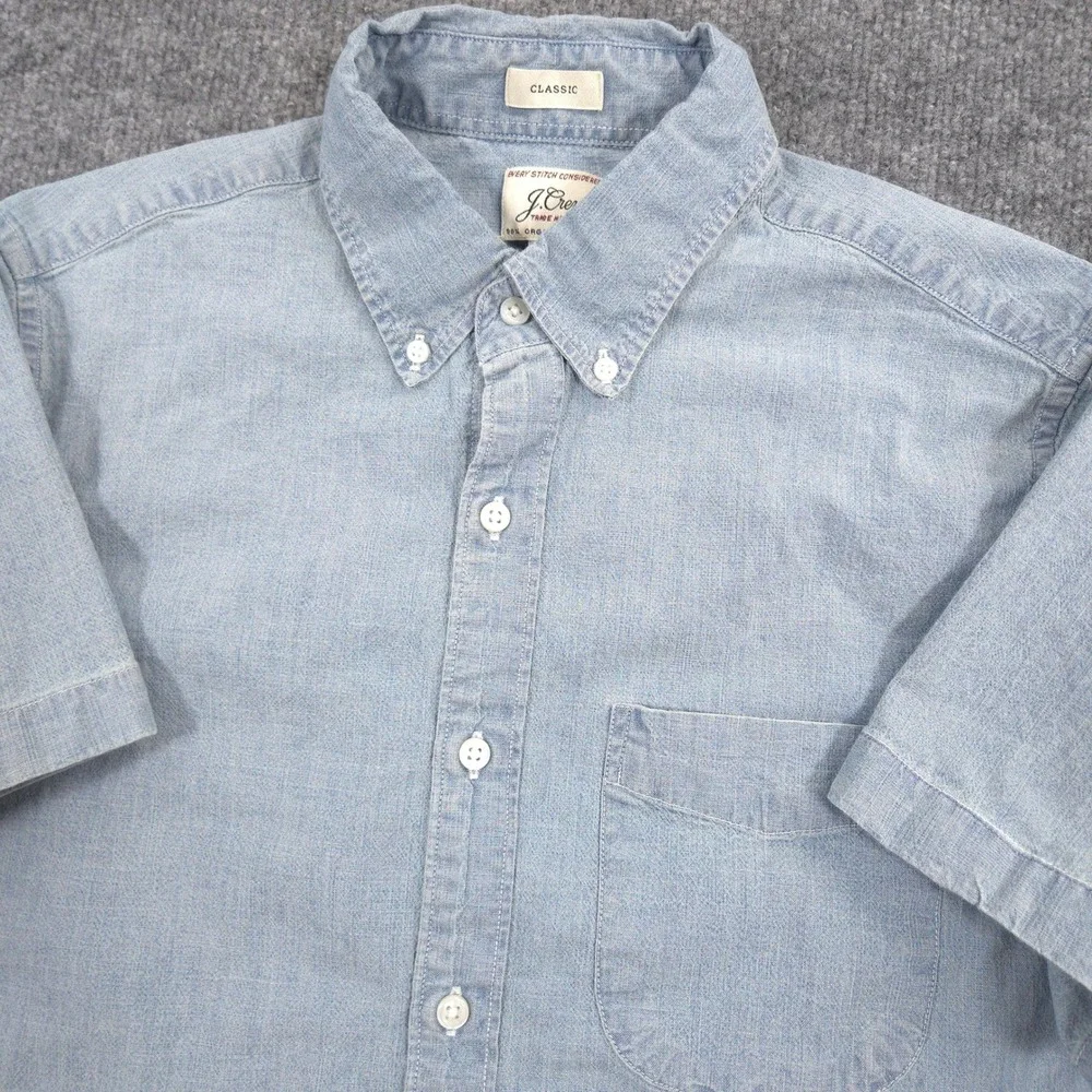 J Crew Chambray Shirt Mens S Blue Organic Cotton Classic Fit Short Sleeve Preppy
